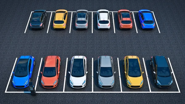 Autos auf dem Parkplatz. 3D-Darstellung — Stockfoto