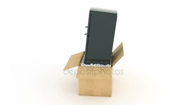 Refrigerator in cardboard box — Stock Footage Refrigerator in cardboard box Royalty Free Stock Video
