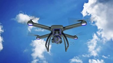 Robot, quadrocopter, mavi gökyüzünde uçan fotoğraf makinesi ile. 