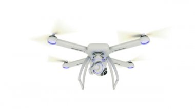 Robot, quadrocopter, mavi gökyüzünde uçan fotoğraf makinesi ile. 