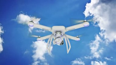 Robot, quadrocopter, mavi gökyüzünde uçan fotoğraf makinesi ile. 
