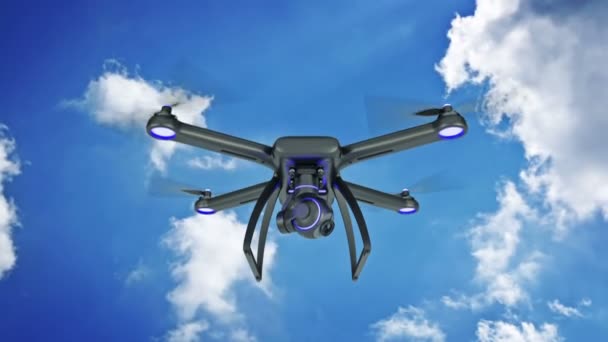 Drone, quadrocopter, com câmera fotográfica voando no céu azul . — Vídeo de Stock