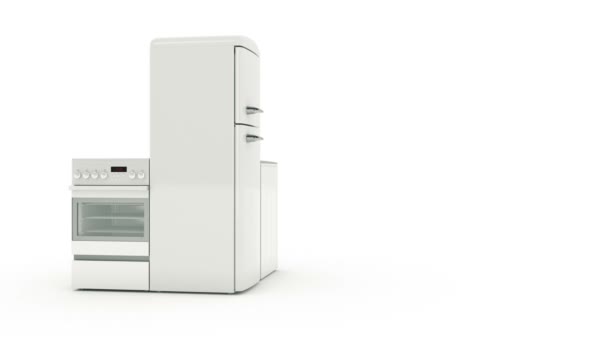 홈 가전 제품입니다. 가정용 주방 학술적 흰색 절연의 집합입니다. 냉장고, 가스 레인지, 전자 레인지 및 세탁기. — 비디오