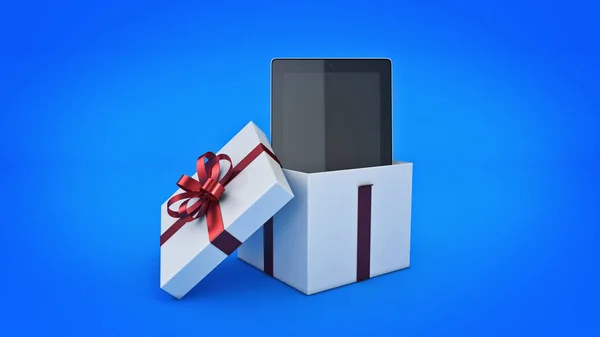Computerul tabletei. Conceptul de cutie cadou . — Fotografie, imagine de stoc