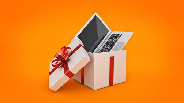 노트북 컴퓨터입니다. 선물 상자 개념. — 스톡 사진
