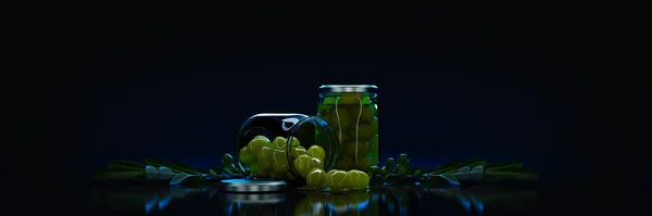Оливки Листьями Черном Фоне Рендеринг — стоковое фото
