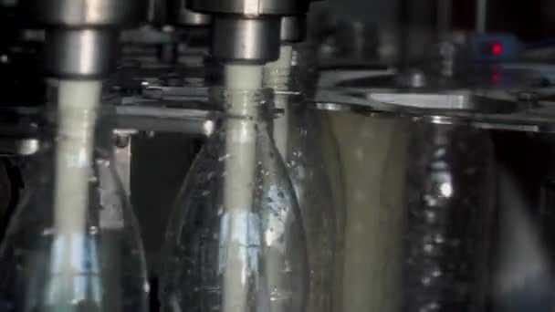 Melkproductielijn. Automatische productielijn in de melkfabriek. Melk die in een plastic fles in een zuivelfabriek wordt gegoten — Stockvideo