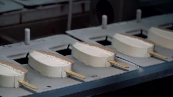 Línea de producción de helados. Postres en cinta transportadora. Proceso de producción de alimentos. Línea de fabricación de helados . — Vídeos de Stock