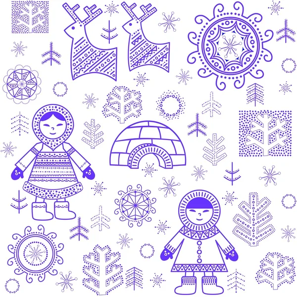 Zimní abstraktní tapeta s sobů, stromy, inuit a iglú — Stockový vektor