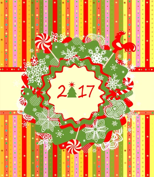 Biglietto di auguri a strisce colorate con corona di Natale di carta — Vettoriale Stock