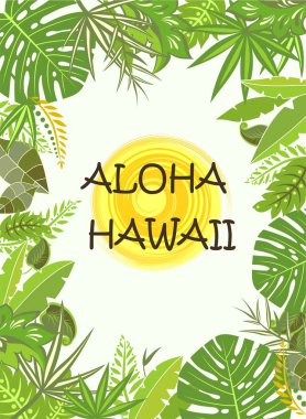 Aloha Hawaii Yaz poster egzotik tropik yeşil yaprakları ve güneş ile