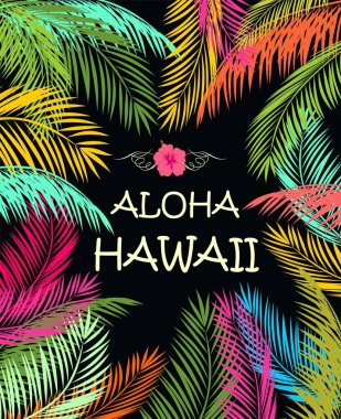 Aloha Hawaii yaz plaj partisi poster ile renkli palmiye yaprakları