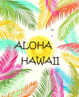 Aloha Hawaii yaz plaj partisi poster renkli palmiye yaprakları ve güneş ile