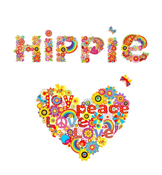 Beyaz arka plan üzerinde izole hippi yazı ve kalp çiçek şeklinde çiçek renkli baskı — Stok Vektör