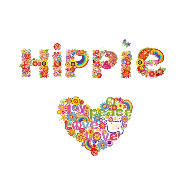 Flor colorido estampado con letras hippie y forma de corazón con flores, hippie simbólico y paloma aislado sobre fondo blanco — Vector de stock
