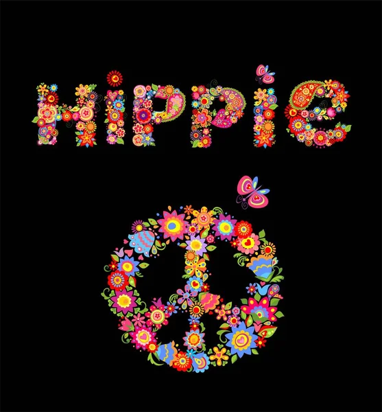 Flower colorful print with hippie lettering and peace flower symbol isolated on black background — Stock Vector