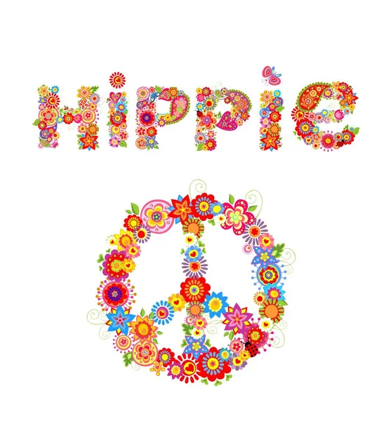 Flower colorful print with hippie lettering and peace flower symbol — Stock Vector