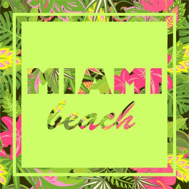 Egzotik ile tropikal duvar kağıdı bırakır ve yazı Miami ile çiçekler