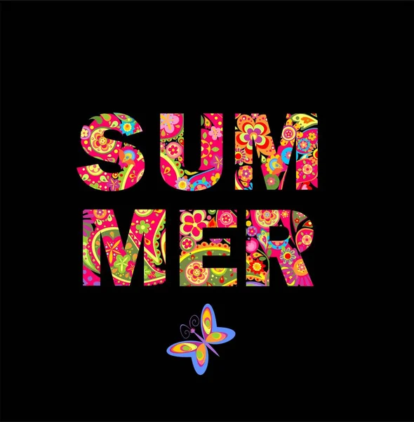 Letras de verano estampado floral aislado sobre fondo negro — Vector de stock