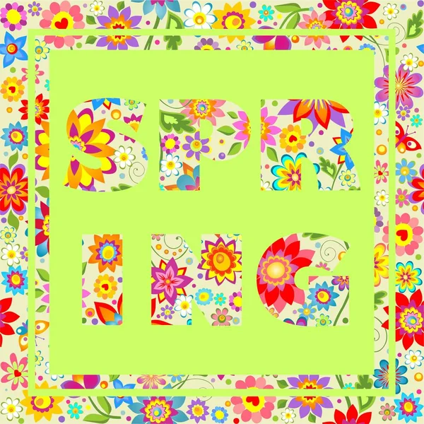 Flores fondo de pantalla de colores con letras de primavera impresas — Vector de stock