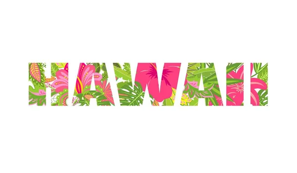 Camisa estampada con hojas tropicales y letras de flores Hawaii — Vector de stock