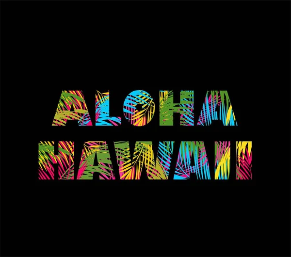 T-shirt print on black background with colorful palm leaves lettering aloha Hawaii — Stock Vector