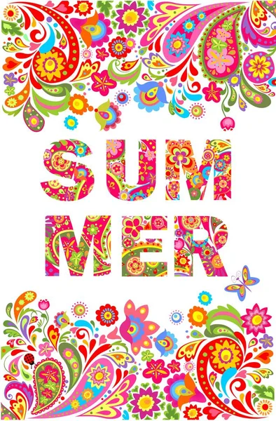 Bannière verticale avec impression de fleurs et lettrage d'été — Image vectorielle