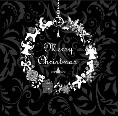 Komik Noel çelenk ile siyah ve beyaz tebrik kartı