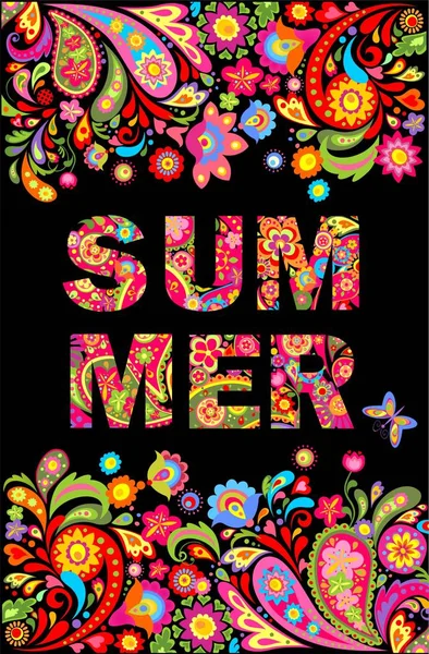 Banner vertical negro con estampado decorativo de flores de colores y letras florales de verano — Archivo Imágenes Vectoriales