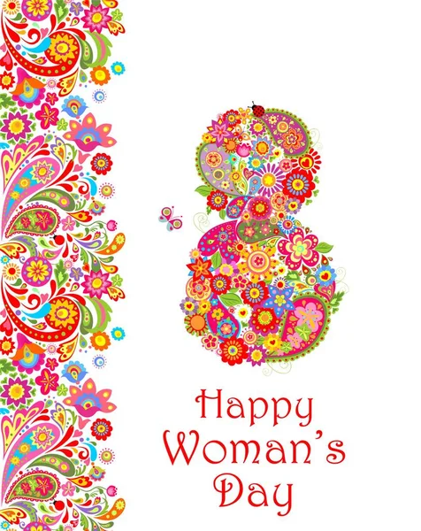 Tarjeta de felicitación con flores estampado decorativo y número 8 para el Día de la Mujer — Vector de stock