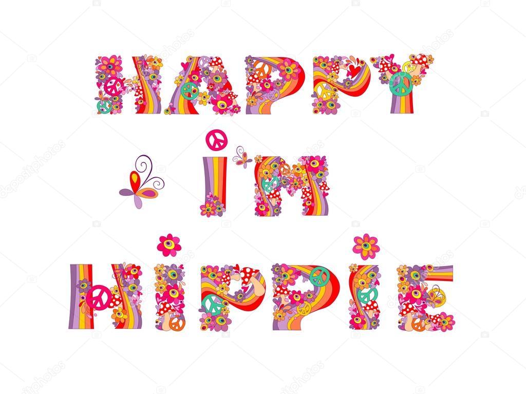 Ich bin glücklich, ich bin Hippie. Hippieprint mit Herzform, abstrakte