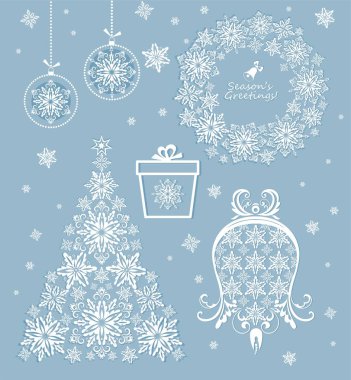 Noel ağacı, çan, Noel çelenk, giftbox, kar taneleri ve asılı topları ile Xmas ayarla güzel kağıt kesme