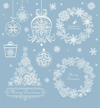 Güzel kağıt ile ayarla Xmas kesilmiş ağaç, çelenk, giftbox ve asılı baubles