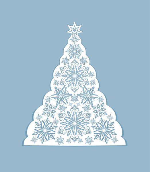 Greeting card with paper cut out decorative xmas snowflakes tree.Template for Christmas cards