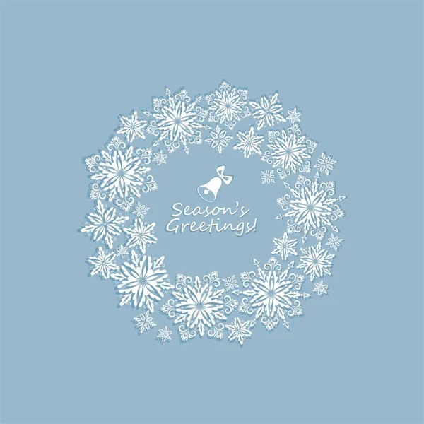 Karta zima pastel pozdrowienie z papieru wyciąć płatki śniegu Boże Narodzenie wieniec — Wektor stockowy