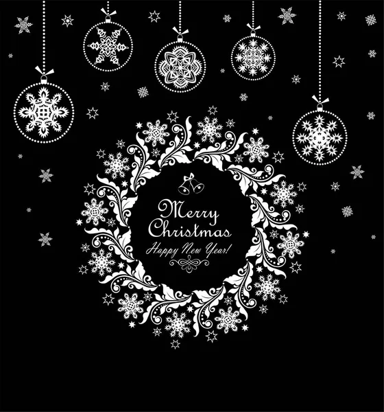 Vintage fekete-fehér karácsony kártya, Karácsonyi koszorú, és lóg baubles — Stock Vector
