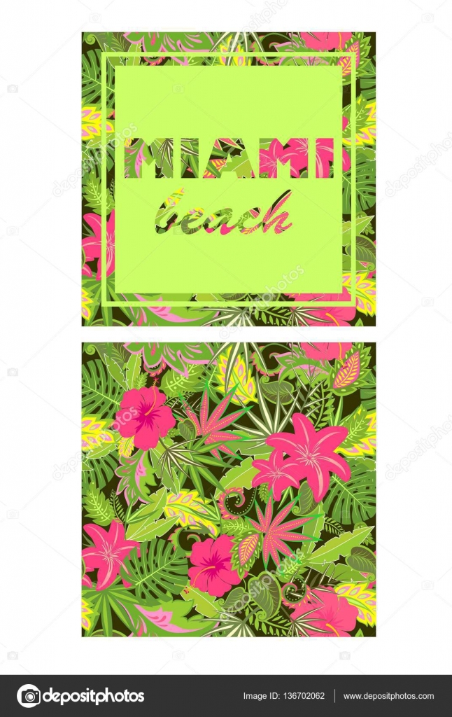 Carta da parati variopinta tropicale con esotiche foglie e fiori e stampa con Miami lettering —