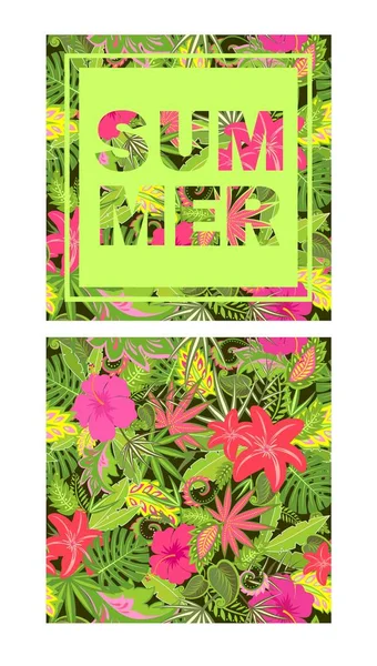 Fondo de pantalla tropical con hojas y flores exóticas e impresión con letras de verano — Vector de stock