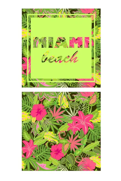 Τροπικό πολύχρωμη ταπετσαρία με εξωτικά φύλλα και λουλούδια και εκτύπωση με Μαϊάμι γράμματα — Διανυσματικό Αρχείο