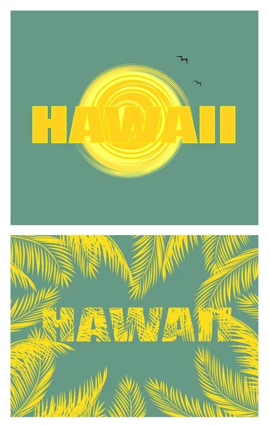 Žlutý tisk nápis Hawaii, slunce a palmového listí — Stockový vektor