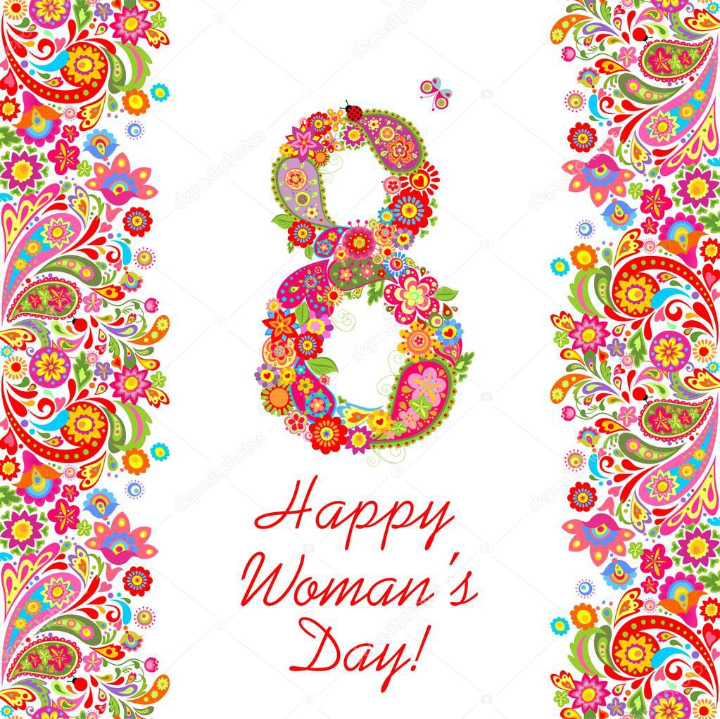 Decorative greeting card with flowers number 8 for International Women's day