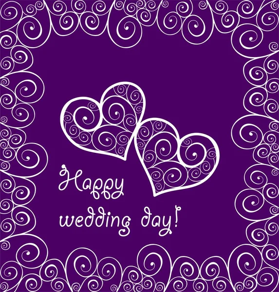Wedding violet background with lacy curled hearts and frame — Stock Vector
