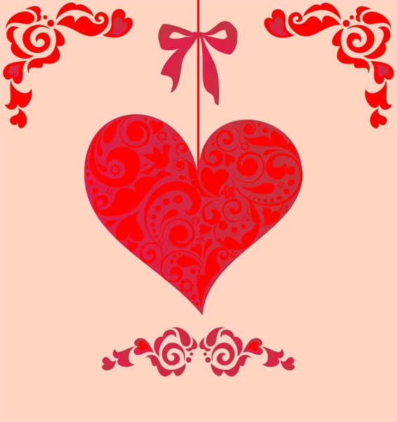 Schöne dekorative Hochzeitskarte mit hängendem Herzen — Stockvektor