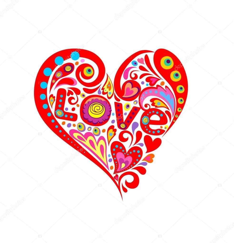 Print with abstract red heart shape and love word