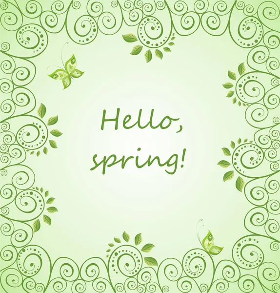 Hello, spring! Spring green card with decorative floral pattern — Stock Vector