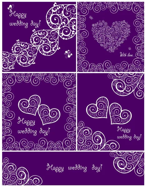 Conjunto de belos cartões de casamento violeta com design rendado — Vetor de Stock