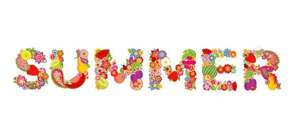Πολύχρωμο floral τυπωμένη ύλη με καλοκαίρι λέξη — Διανυσματικό Αρχείο