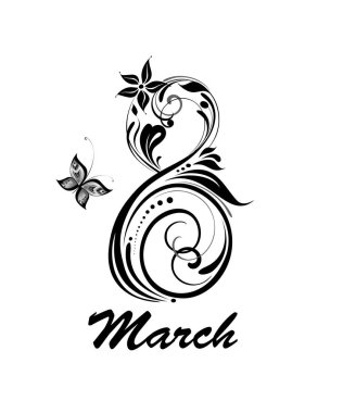 Dekoratif sayı 8 ile 8 Mart için tebrik kartı. Siyah ve beyaz