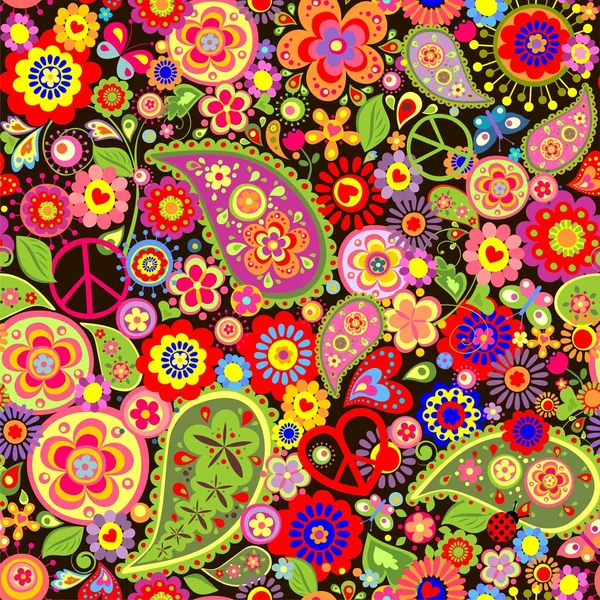 Fondo de pantalla colorido con divertidas flores de primavera, paisley y símbolo de la paz — Archivo Imágenes Vectoriales