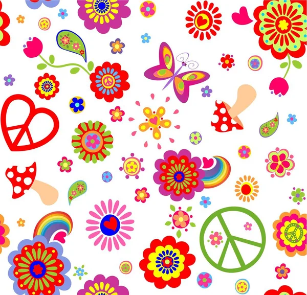 Hippie childish funny wallpaper with abstract flowers, mushrooms, rainbow and peace symbol — Stock Vector